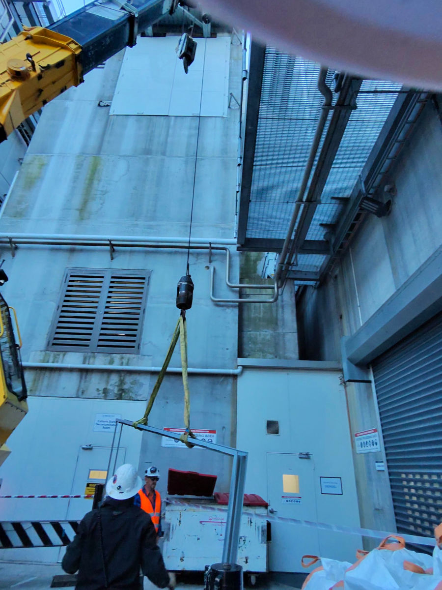 Rigging a large fire door for a commercial installation